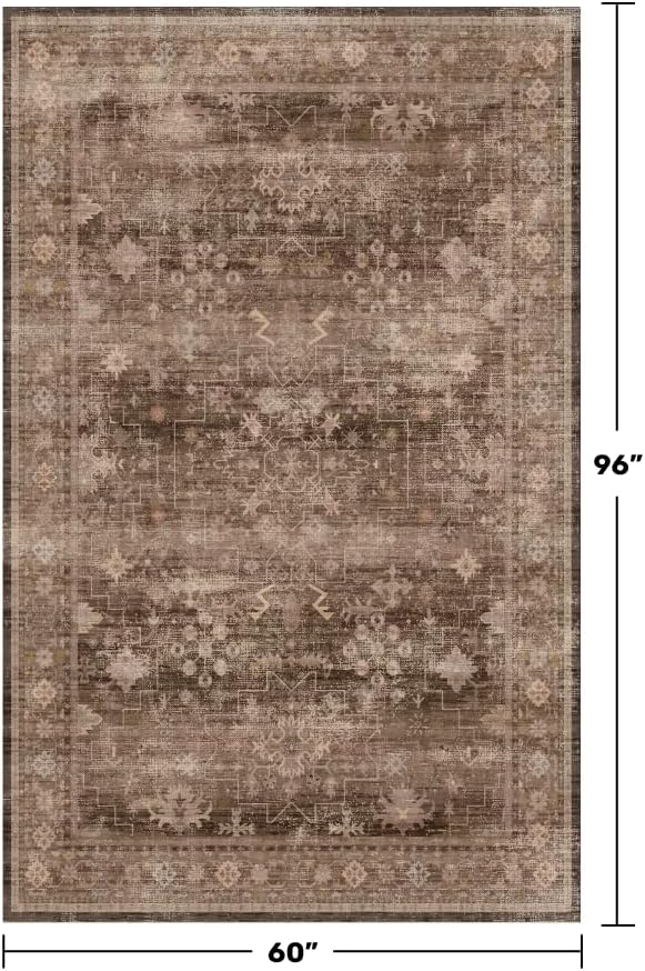 Hazo Haus Taupe Brown 5x8 Rug for Living Room - Vintage Traditional Dark Neutral Geometric, Washable Foldable Non-Slip Area Rugs for Dining Under Table, Home Office, Guest Room
