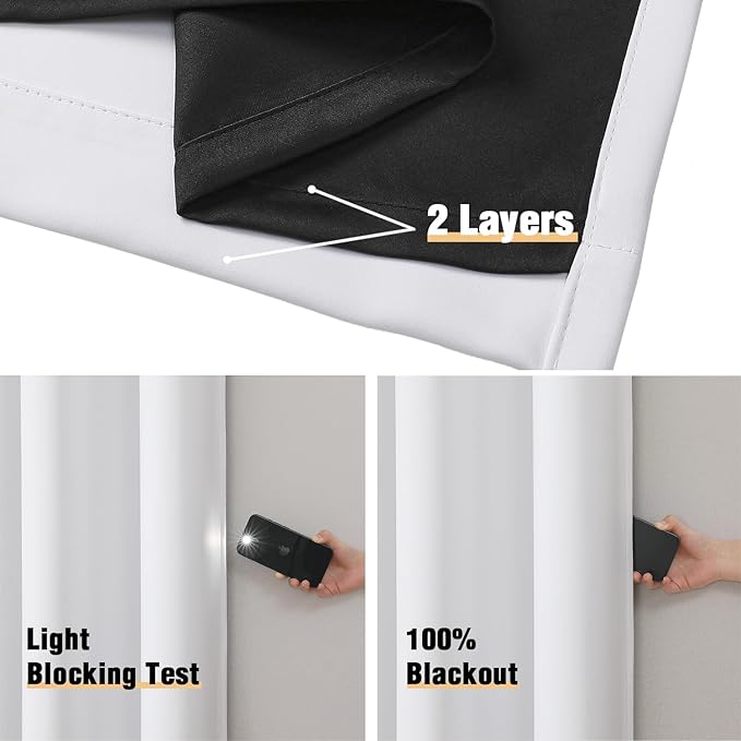 ChrisDowa White 100% Blackout Curtains 120 inch Long for Bedroom with Black Liner, 2 Thick Layers Total Blackout Thermal Insulated Grommet Long Curtains 2 Panels Set (Pure White, 52 x 120 Inch)