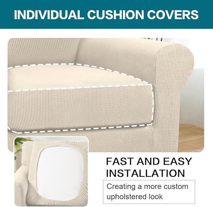 Turquoize 2 Piece Chair Covers for Living Room Armchair Couch Cover with Individual Cushion Covers Furniture Cover for Chairs (Chair,BiscottiBeige)