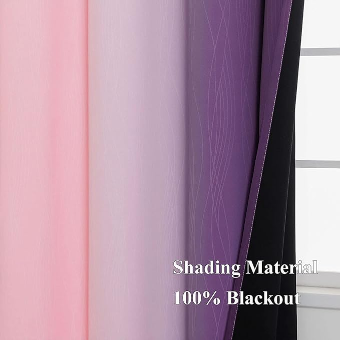 Pink and Purple Curtains 45 Inch Length 2 panels, Full Light Blocking Ombre Blackout Curtains for Kids Room, Thermal Insulated Noise Reducing Gradient Blackout Curtains for Girls Bedroom, 52x45 Inch