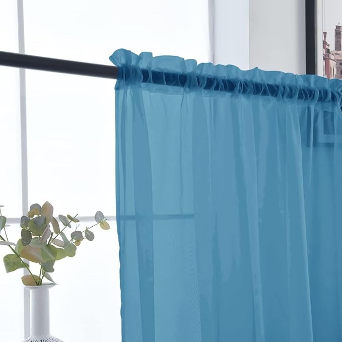 SpaceDresser Basic Rod Pocket Sheer Voile Window Curtain Panels Blue 1 Pair 2 Panels 52 Width 54 Inch Long for Kitchen Bedroom Children Living Room Yard（Blue, 52W x 54L）