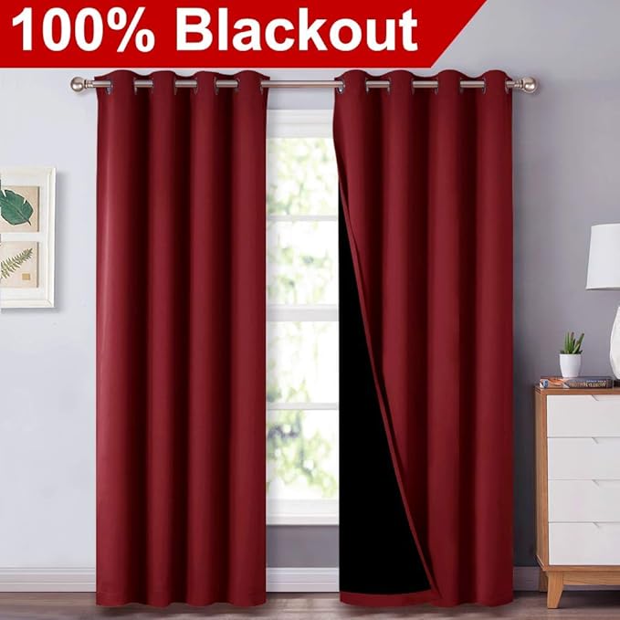 NICETOWN 100% Blackout Cold Blocking Curtains with Black Liner Backing, Thermal Insulated Curtains for Living Room, Noise Reducing Drapes, Burgundy Red, 52 inches x 84 inches Per Panel, Set of 2