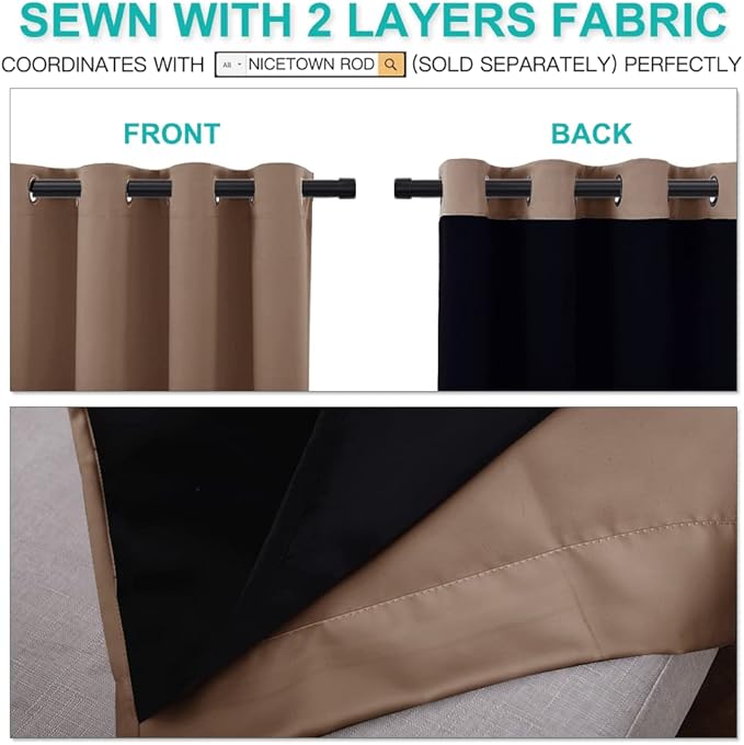 NICETOWN Living Room Completely Shaded Draperies, Privacy Protection & Noise Reducing Ring Top Drapes, Black Lined Insulated Window Treatment Curtain Panels(Cappuccino, 2 Pieces, W52 x L72)