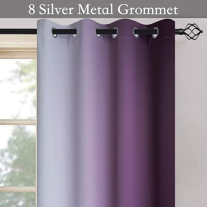 SimpleHome Ombre Room Darkening Curtains for Bedroom, Light Blocking Gradient Purple to Grey White Thermal Insulated Grommet Blackout Window Curtains Drapes for Kids, 2 Panels, 52x63 inches Length