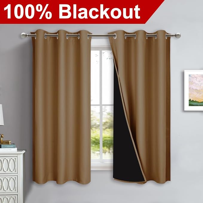 NICETOWN 100% Blackout Short Curtains with Black Liners, 2 Panels, 37" W by 63" L, Gold Brown, Solid Thermal Insulated Full Blackout 2-Layer Lined Drapes, Energy Efficiency Window Drapes for Bedroom
