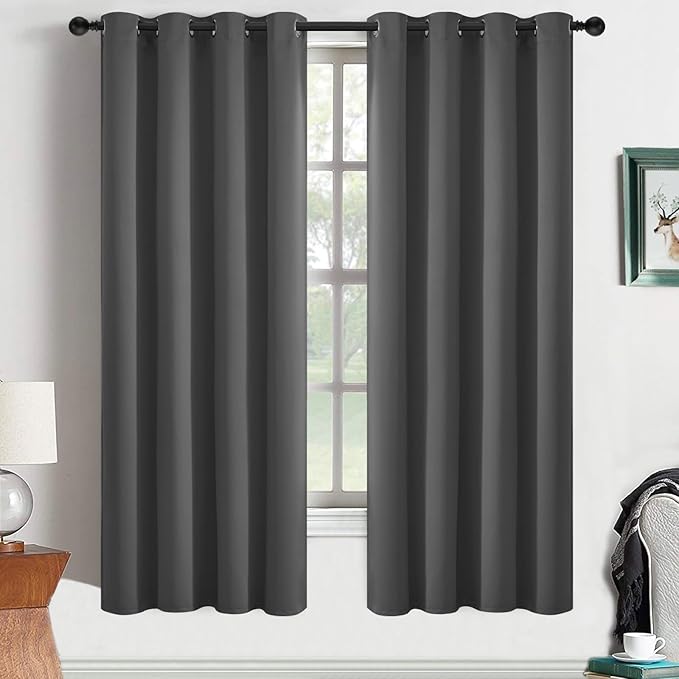 Yakamok Blackout Grey Curtains for Bedroom/Living Room Thermal Insulated, 52" Wide x 63" Long Each Panel,Grommet Top (Set of 2 Panels, Charcoal Grey)