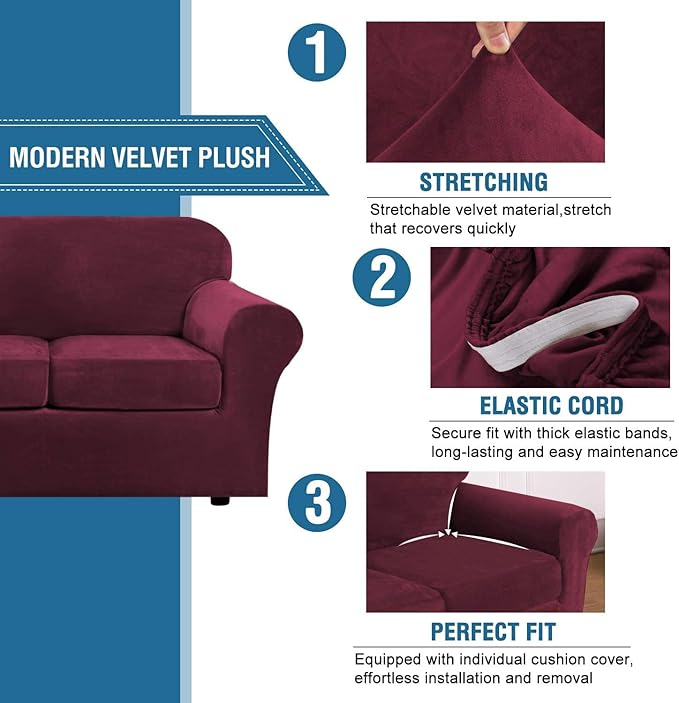 H.VERSAILTEX Rich Velvet Stretch 2 Piece Cover Chair Slipcover Sofa Cover Furniture Protector Couch Soft with Elastic Bottom Chair Couch Cover with Arms Width Up to 49 Inch(Chair, Burgundy)