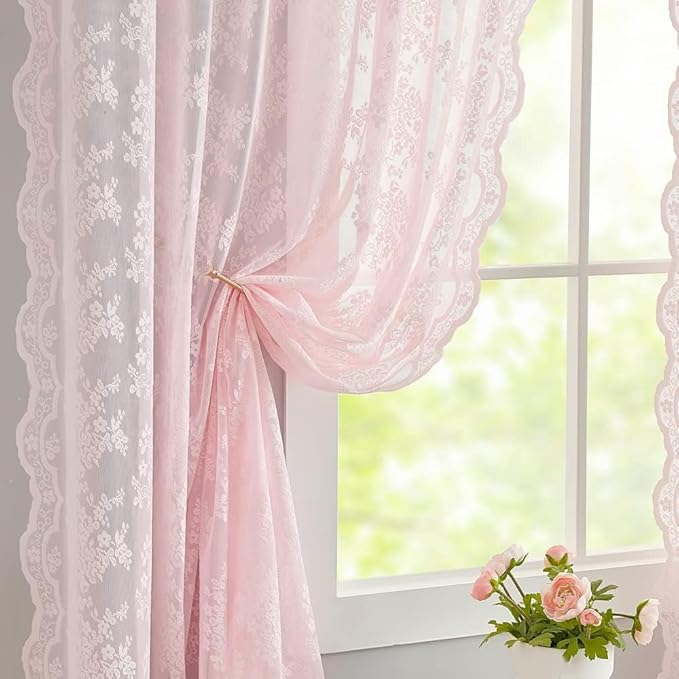 YJ YANJUN Vintage Lace Curtains 108 inches Long 2 Panels Cute Floral Pink Sheer Curtains for Sliding Door Backdrops Romantic Pricess Baby Girl Room Decor Light Filtering 52 x 108 Inch Light Pink
