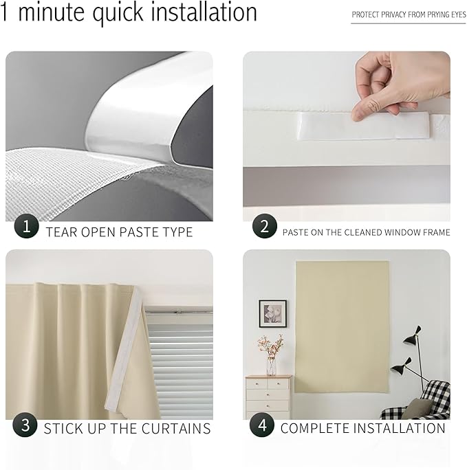 Self Adhesive Portable Blackout Curtains for Bedroom Easy to Install Window Thermal Lnsulated Kitchen Room Darkening Small Window Curtains, Cortinas Para Cuarto, 47"W X 71"L, Beige, 1 Panel
