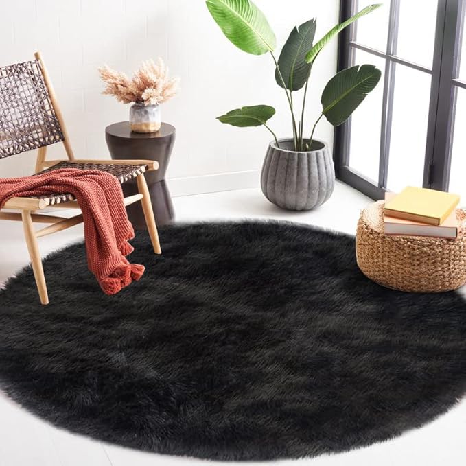 Latepis Black Faux Fur Round Rug 6.7ft Shag Sheepskin Rug for Bedroom Fluffy Carpet for Living Room Furry Rugs for Playroom Luxury Home Decor