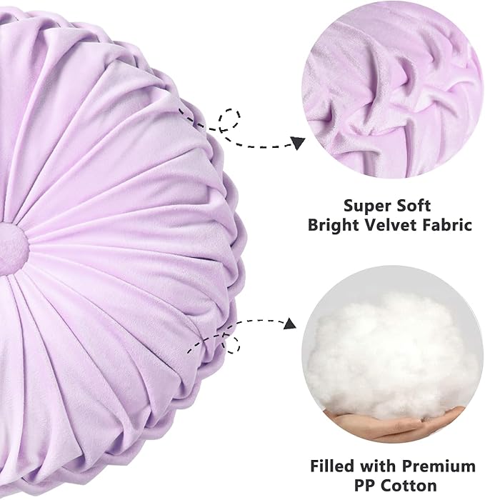 HIG Set of 2 Decorative Round Pleated Throw Pillows,Classy Accent Pumpkin Throw Pillows with Center Button,Vintage Velvet Floor Pillows for Sofa Vanity Chair Bed,Light Purple,14.5" Diameter(Ripple)