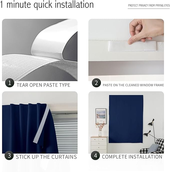 Self Adhesive Portable Blackout Curtains for Bedroom Easy to Install Window Thermal Lnsulated Kitchen Room Darkening Small Window Curtains, 59" W X 59" L, Navy Blue, 1 Panel