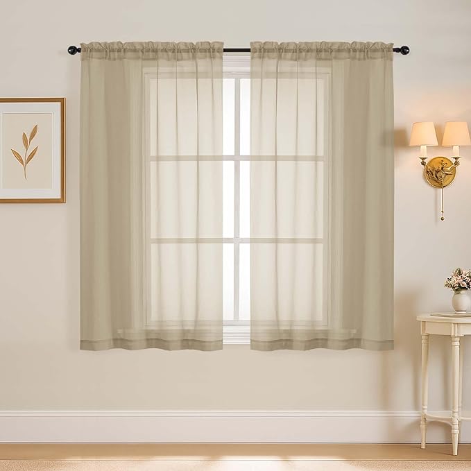 Taupe Window Sheer Curtains 54 inch Length, Soft Airy Light Filtering Sheer Curtain 2 Panels Set, Dual Rod Pocket Gauze Taupe Drapes for Living Room Bedroom, 2x42Wx54L Inches