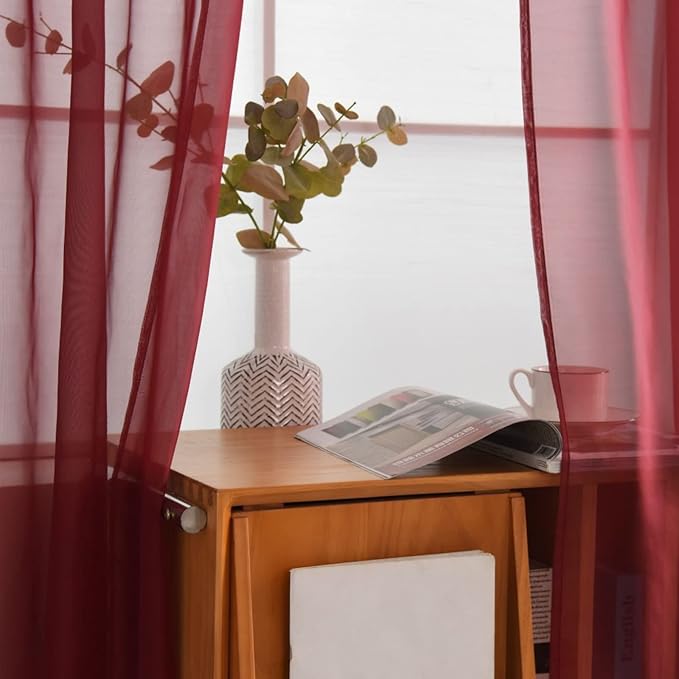 SpaceDresser Sheer Voile Window Treatment Rod Pocket Curtain Panels for Kitchen Bedroom Living Room Drapes Sunlight Filtering Privacy Semi Home Decor Assorted Colors Sizes (Burgundy, 52 W x 45 L)