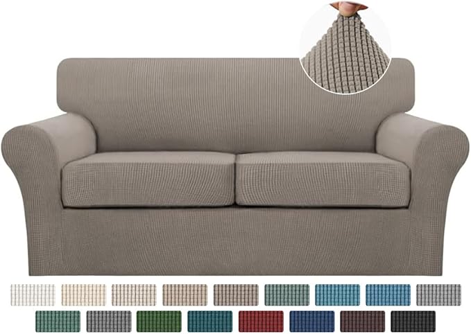 Turquoize 3 Piece Sofa Covers for 2 Cushion Couch Sofa Slipcover Soft Couch Cover for Dogs-Washable Sofa Furniture Covers with 2 Individual Cushion Covers Jacquard Fabric (2 Cushion Sofa, Taupe)