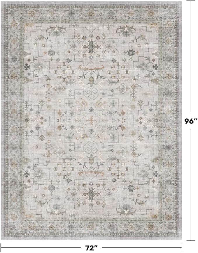 Hazo Haus Boho Light Grey Living Room Rug 6x8 - Modern Vintage Eclectic Floral Paste Neutral Taupe, Washable Low Pile Non-Slip Large Area Rugs for Dining Under Table, Bedroom