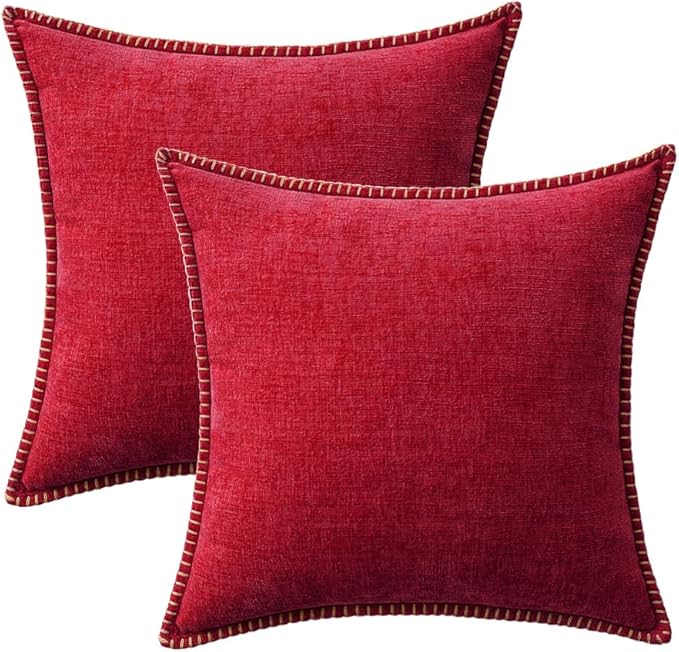 MIULEE Pack of 2 Christmas Pillow Covers 24x24 Inch Red Farmhouse Decorative Throw Pillow Covers with Stitched Edge Soft Chenille Solid Dyed Couch Pillow Covers for Sofa Bed Living Room