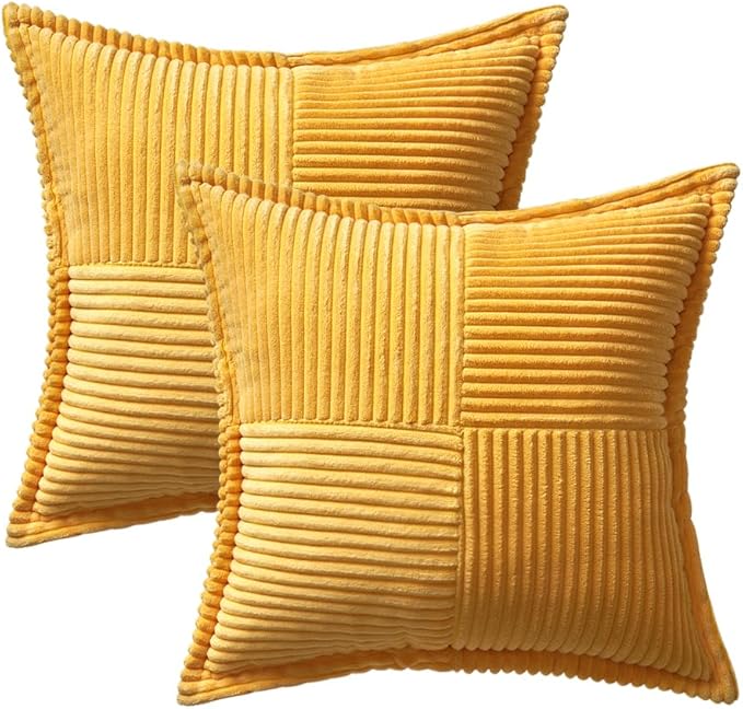 MIULEE Golden Yellow Corduroy Pillow Covers 20x20 Inch with Splicing Set of 2 Soft Boho Striped Pillow Covers Broadside Decorative Textured Summer Pillowcases for Couch Cushion Bed Livingroom