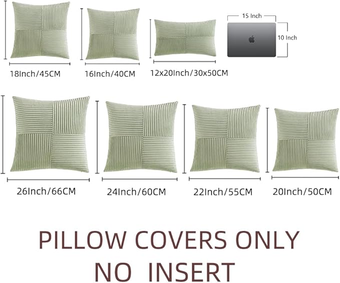 Fancy Homi 2 Packs Sage Green Decorative Throw Pillow Covers 16x16 Inch for Living Room Couch Bed, Rustic Farmhouse Boho Home Decor, Soft Corss Patchwork Corduroy Textured Square Cushion Case 40x40 cm