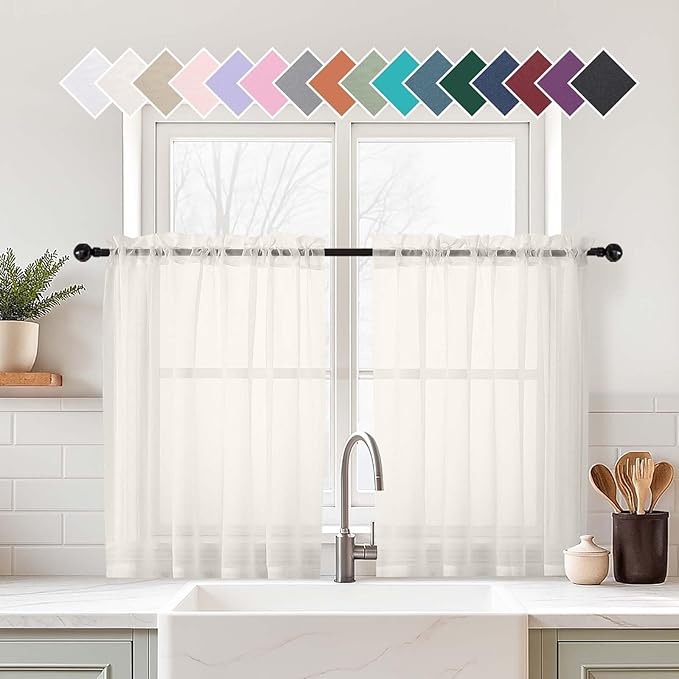 Ivory Small Sheer Curtains Tier 24 Inches Length 2 Pieces, Light Filtering Cafe Curtains Sheers for Living Room Bathroom, Modern Window Treatments Dual Rod Pocket Panels, 2X42Wx24L Inches