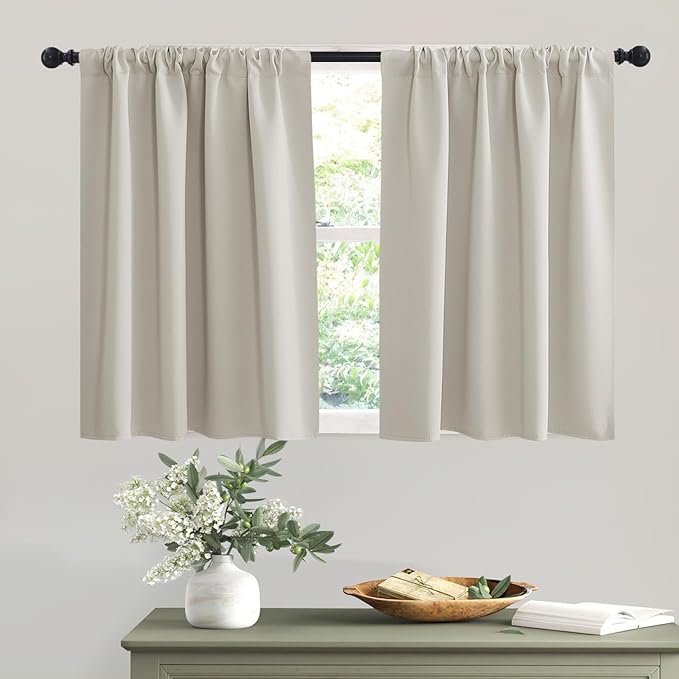 RYB HOME Short Curtains for Small Window, Sunmmer Heat Light Blocking Privacy Protection Curtains for Sunroom Laundry Room Stair Window, Width 52 by Length 36, Natural, Set of 2