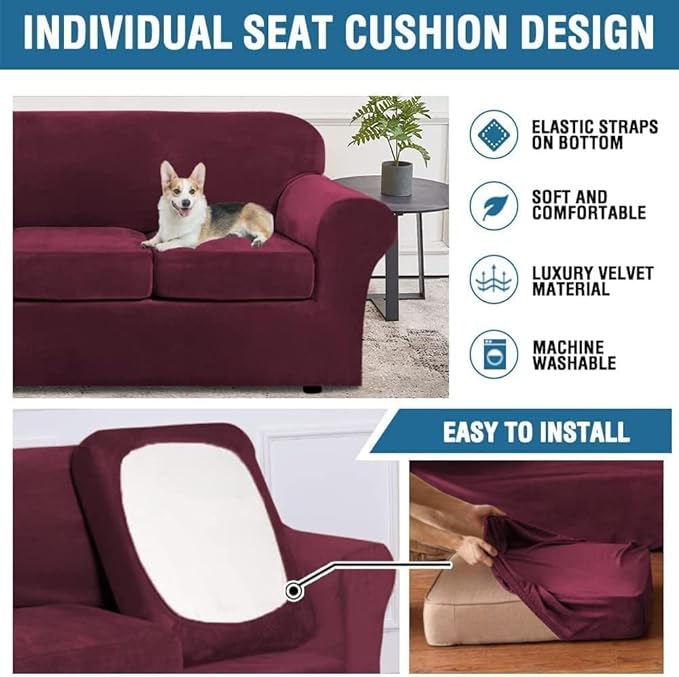 H.VERSAILTEX High Stretch Sofa Slipcover 4 Piece Cover Velvet Furniture Protector Form Fit Thick Velvet Extra Large Sofa Cover for 3 Cushion Couch Width Up to 97 Inch (Large Sofa, Wine/Burgundy)