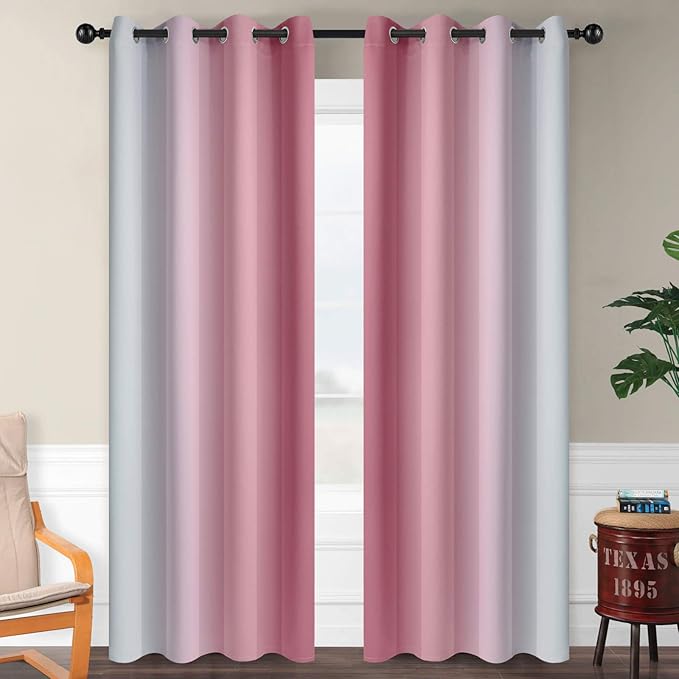 SimpleHome Ombre Room Darkening Curtains for Living Room, Light Blocking Gradient Pink to Greyish White Thermal Insulated Grommet Window Curtains/Drapes for Bedroom, 2 Panels, 52x84 inches Length