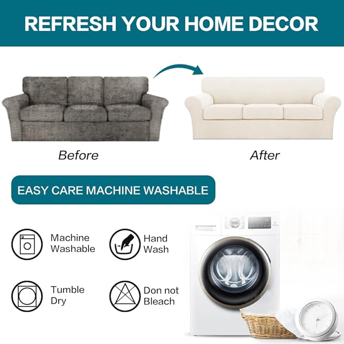 Turquoize 4 Piece Sofa Covers for 3 Cushion Couch Sofa Slipcover Soft Couch Cover for Dogs-Washable Furniture Cover with 3 Individual Covers (3 Cushion Sofa, Cream)