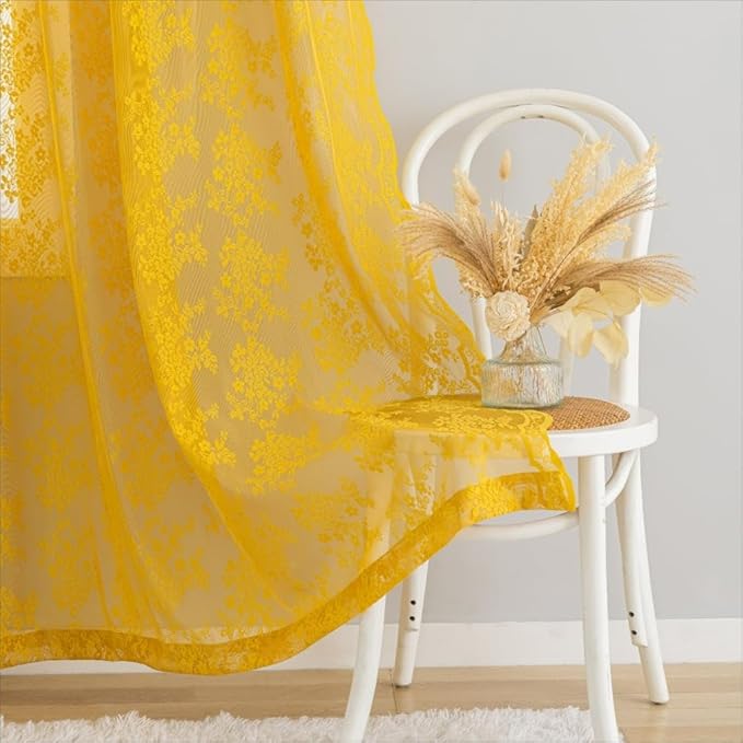 YJ YANJUN Vintage Lace Curtains 84 Inches Long-Victorian Floral Pattern Boho Mustard Yellow Sheer Curtain Panels for Living Room Bedroom,Light Filtering, Dark Gold Summer Drapes 2 Panels 52W x 84L