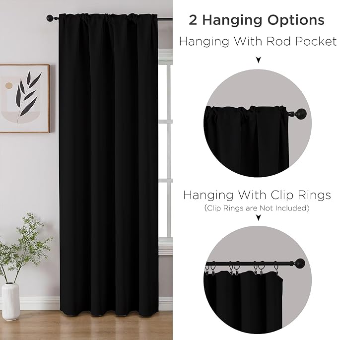 CUCRAF Black Blackout Curtains 90 inch Length 2 Panels Set, Rod Pocket Room Darkening Drapes for Bedroom Living Room, Insulated Thermal Light Blocking Window Curtain (W52 x L90 Inch)