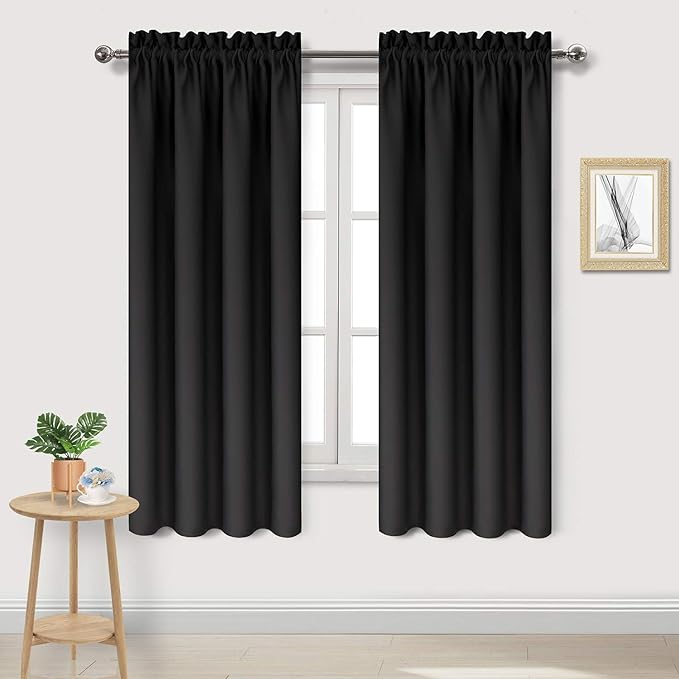 DWCN Black Room Darkening Blackout Curtains - Rod Pocket Thermal Insulated Privacy Energy Saving Window Curtain Drapes 42x 72 inch Length, Set of 2 Bedroom Living Room Curtains