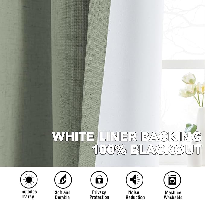 H.VERSAILTEX Linen Curtains 100% Blackout Curtains for Bedroom 96 inch Long Full Light Blocking Nature Linen Blended Window Curtains for Living Room Nickel Grommet (2 Panels, Heathered Dried Sage)