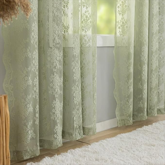 YJ YANJUN Vintage Lace Curtains 108 Inches Long-Victorian Floral Pattern Boho Sage Green Sheer Curtain Panels for Dining Room Living Room Big Windows and High Ceilings 2 Panels