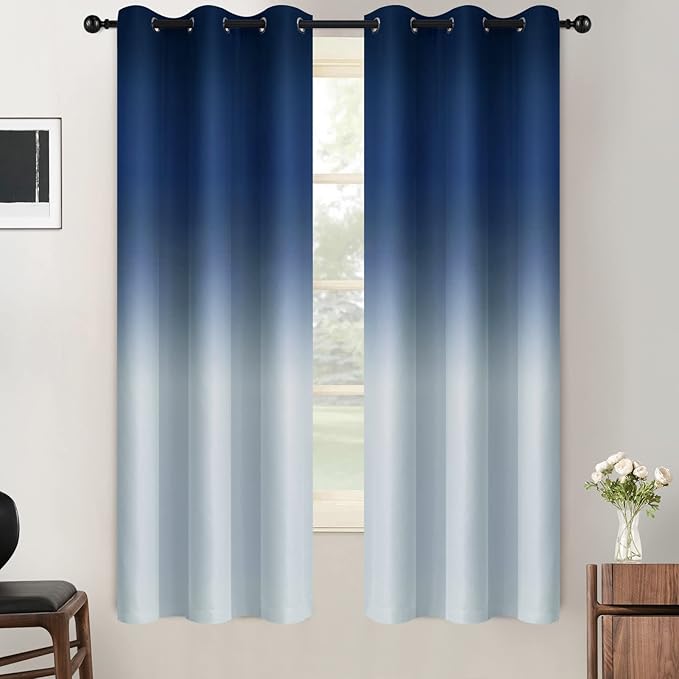 SimpleHome Ombre Room Darkening Curtains for Living Room, Light Blocking Gradient Blue to Grey White Thick Thermal Insulated Grommet Window Curtains/Drapes for Bedroom, 2 Panels, 42x63 inches Length