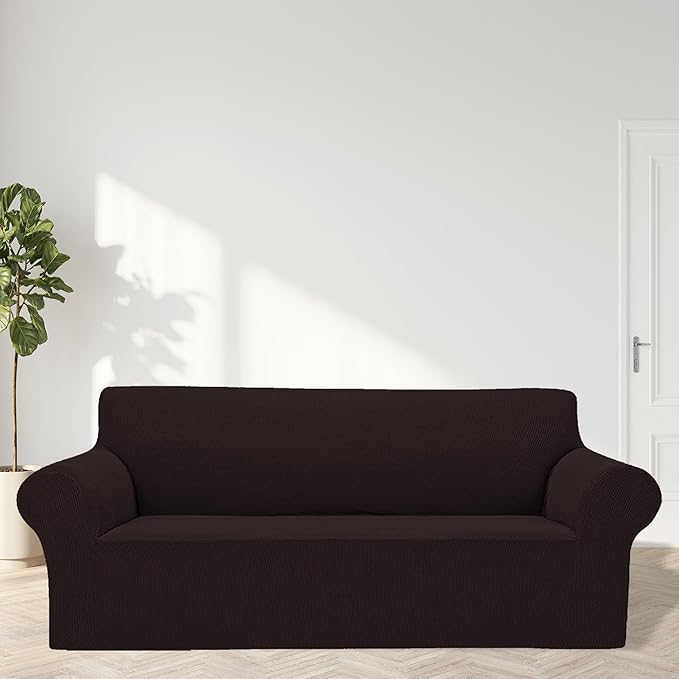 Cupuamon 2026 New Stretch Sofa Slipcovers Couch Cover for 3 Cushion Furniture Protector Sofa Covers with Elastic Bottom Jacquard Fabric Small Checks for Pets, Kids -Sofa, Chocolate