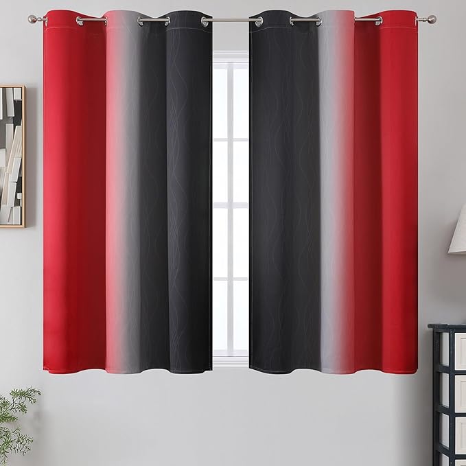 Estelar Textiler Red and Black Blackout Curtains 54 Inch Length, Light Blocking Gradient Grommet Drapes for Living Room, Room Darkening Thermal Insulated Ombre Curtains for Bathroom,42Wx54L,2 Panels