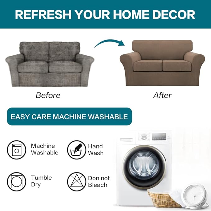 Turquoize 3 Piece Sofa Covers for 2 Cushion Couch Sofa Slipcover Soft Couch Cover for Dogs-Washable Sofa Furniture Cover with 2 Individual Cushion Covers, Thick Jacquard Fabric (Loveseat, Macchiato)