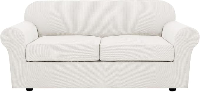 H.VERSAILTEX 3 Piece Stretch Sofa Covers for 2 Cushion Sofa Couch Covers for Living Room Sofa (Base Cover Plus 2 Seat Cushion Covers) Thicker Jacquard Fabric (Large Sofa, Porcelain White)