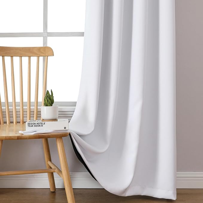 ChrisDowa 100% Blackout Curtains 84 inch Long for Bedroom with Black Liner, Extra Wide 2 Thick Layers Total Blackout Thermal Insulated Grommet Window Curtains 2 Panels Set (Pure White, 60 x 84 Inch)