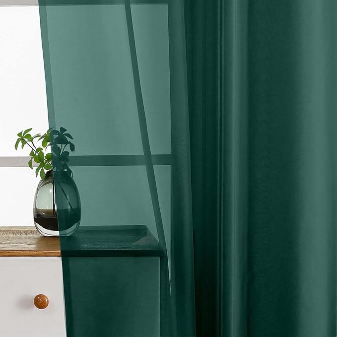 Green Window Sheer Curtains 54 inch Length, Soft Airy Light Filtering Sheer Curtain 2 Panels Set, Dual Rod Pocket Gauze Drapes for Living Room Bedroom, Hunter Green, 2x42Wx54L Inches
