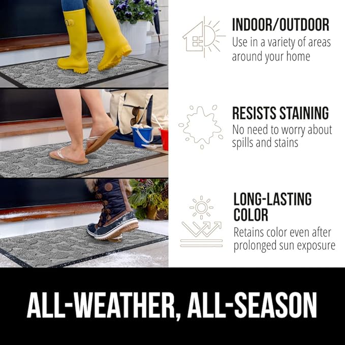 GORILLA GRIP 100% Waterproof All-Season WeatherMAX Doormat, 47x35, US Designed Natural Rubber, Stain and Fade Resistant, Low Profile Indoor Outdoor Door Mats, Easy Clean Patio Mat, Light Gray Bones