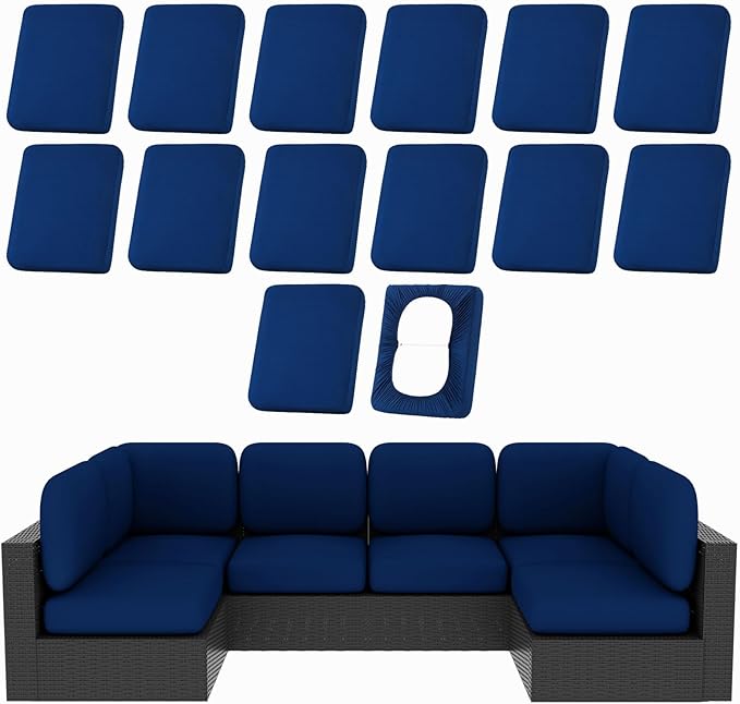 hyha 14Pcs Patio Cushion Covers, Stretch Outdoor Couch Cushion Covers Replacement, Washable Outdoor Chair/Sofa Slipcovers for Patio Furniture Cushions Protector with Elastic Bottom(Navy,Cover Only)
