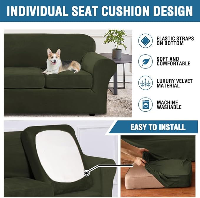 H.VERSAILTEX Rich Velvet Stretch 2 Piece Cover Chair Slipcover Sofa Cover Furniture Protector Couch Soft with Elastic Bottom Chair Couch Cover Width Up to 49 Inch (Chair, Olive)