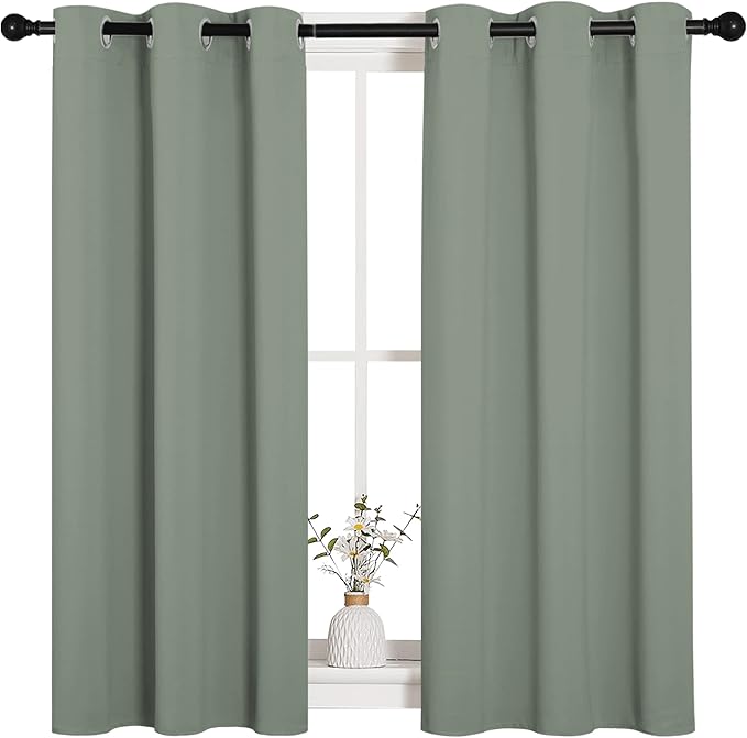 NICETOWN ROM Darkening Curtains 48 inch Length 2 Panels, Thermal Insulated Grommet Blackout Curtains for Modern Casual Elegant Bedroom Kids Room Theme Decoration (Greyish Green, 2 Pieces, W34)