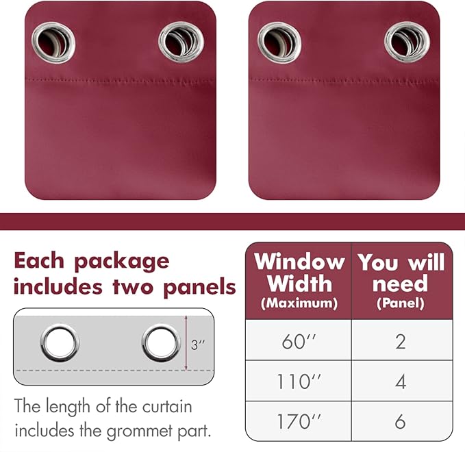 MIULEE 90" Long Blackout Curtains for Christmas, Room Darkening Thermal Insulated Drapes Solid Window Treatment Set Grommet Top Light Blocking Curtain for Living Room/Bedroom 2 Panels Wine Red