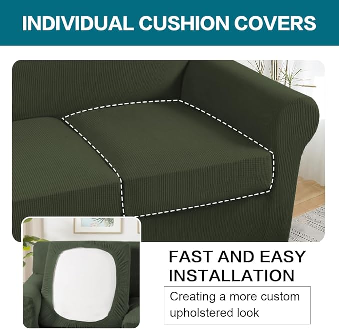 Turquoize 4 Piece Sofa Covers for 3 Cushion Couch Sofa Slipcover Soft Couch Cover for Dogs-Washable Sofa Furniture Covers with 3 Individual Large Cushion Covers (XL Sofa, Olive)