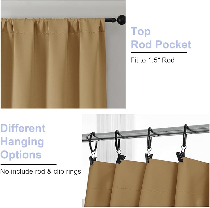 Simplebrand Ava Gold Blackout Curtains for Bedroom, 72 Inch Length 2 Panels Set, Thermal Insulated Privacy Rod Pocket Curtains for French Door, W40 x L72 Inch