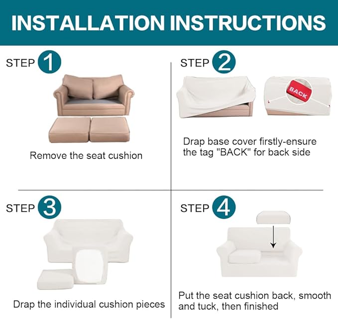 Turquoize 3 Piece Sofa Covers for 2 Cushion Couch Sofa Slipcover Soft Couch Cover for Dogs-Washable Sofa Furniture Cover with 2 Individual Cushion Covers, Feature Fabric (2 Cushion Sofa, Porcelain)