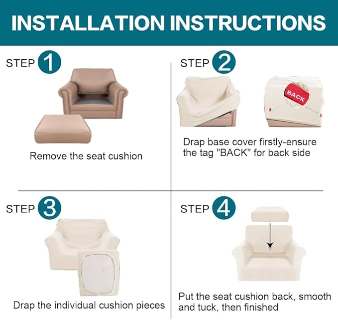 Turquoize 2 Piece Chair Covers Armchair Slipcovers for Living Room Armchair Sofa Cover with Individual Cushion Covers Feature Jacquard Fabric (Chair, Cream)