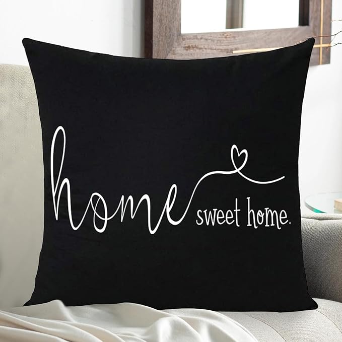 MFGNEH Home Sweet Home Quotes Farmhouse Pillow Covers 18x18 Inch,Farmhouse Decorative Lumbar Throw Pillow Case Cushion Cover,Housewarming Gift,Black